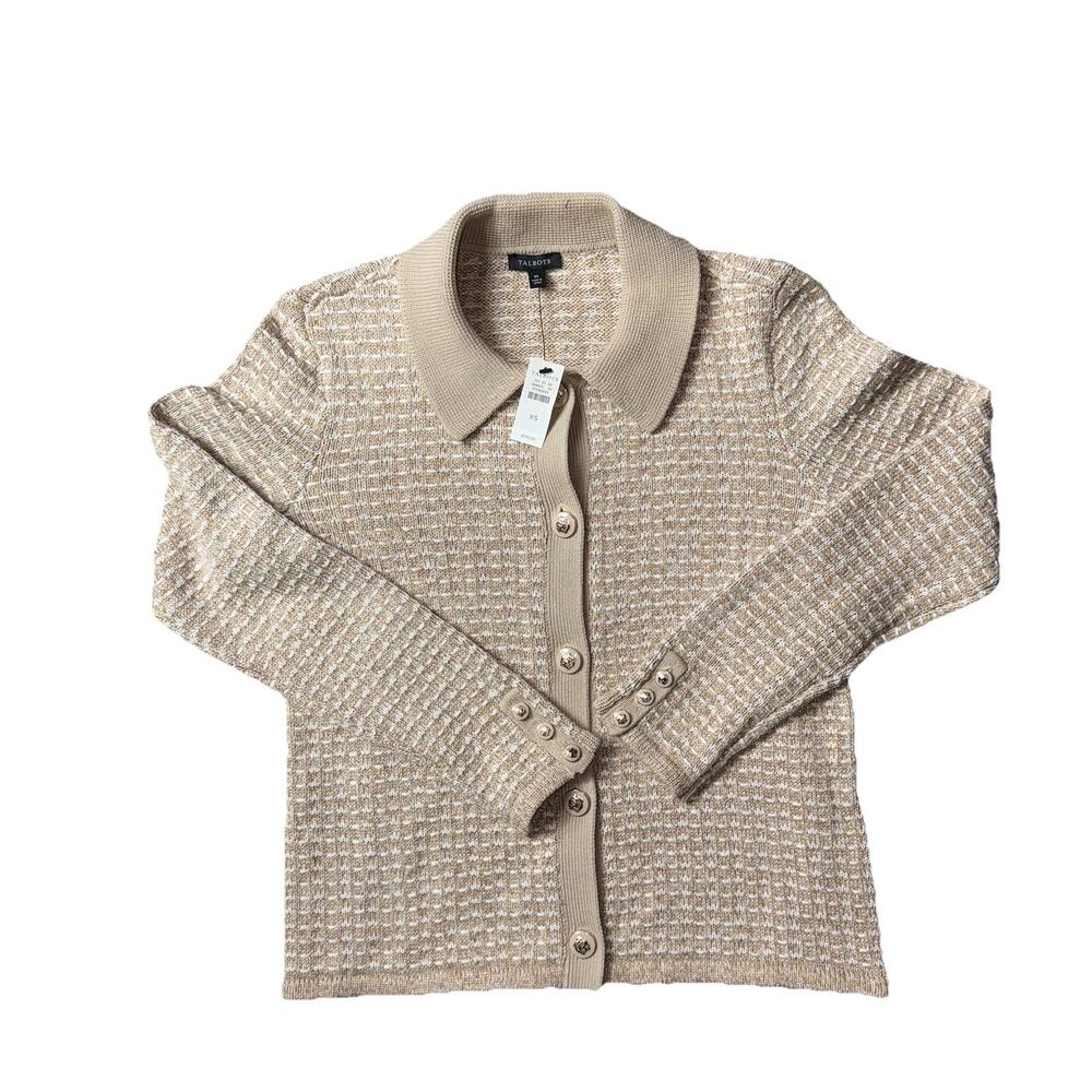 NEW Talbots Womens XS Polo Cardigan Dash Stripe Beige Tan Button Front Sweater - Picture 2 of 8